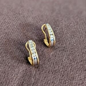 14k White Gold + Gold Trim Pavé Diamond Huggie Half Hoop Earrings